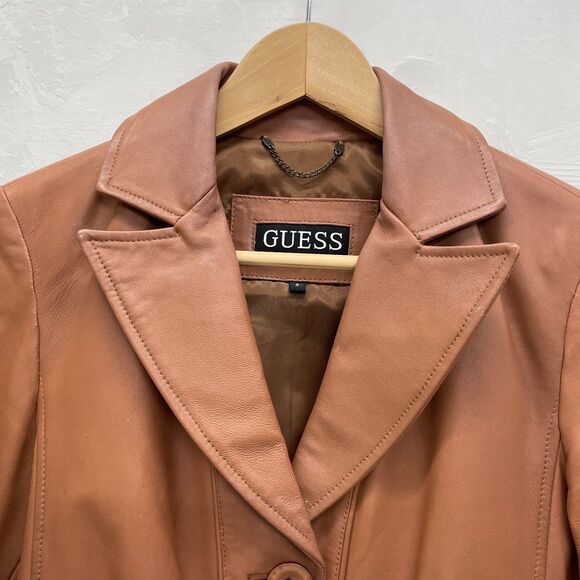 Guess Leather Jacket Small 70s Style Brown Camel Leather Jacket Size Small Guess - Picture 2 of 16